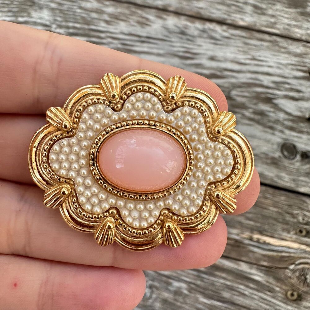 Vintage Jewelry Victorian Brooch Pink and Gold Tone Faux Pearl Pin